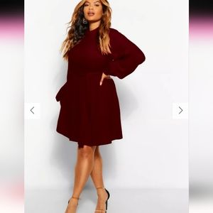 High Neck Blouson Sleeve Skater Dress